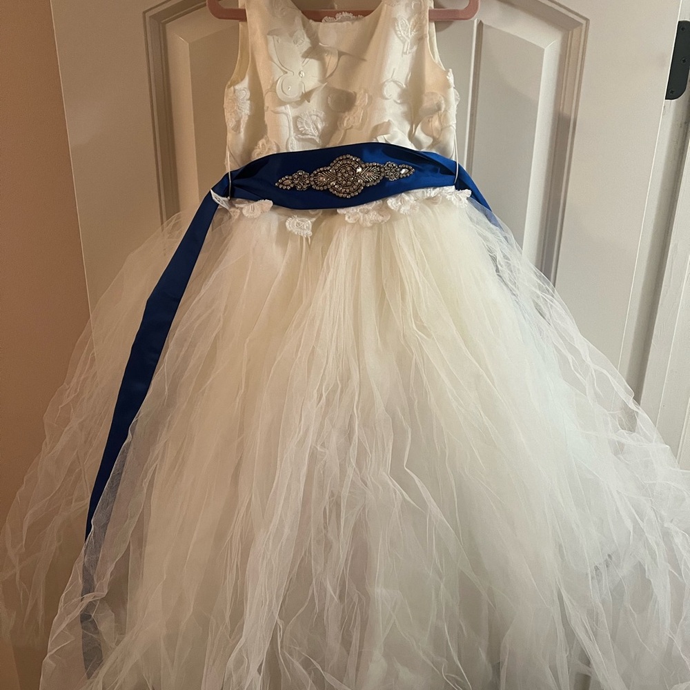 Rosebuds White Flower Girl Dress with Blue belt